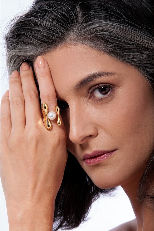 Anel Sincronia - Pérola - Coleção Ritmo Banho: Folheado a Ouro