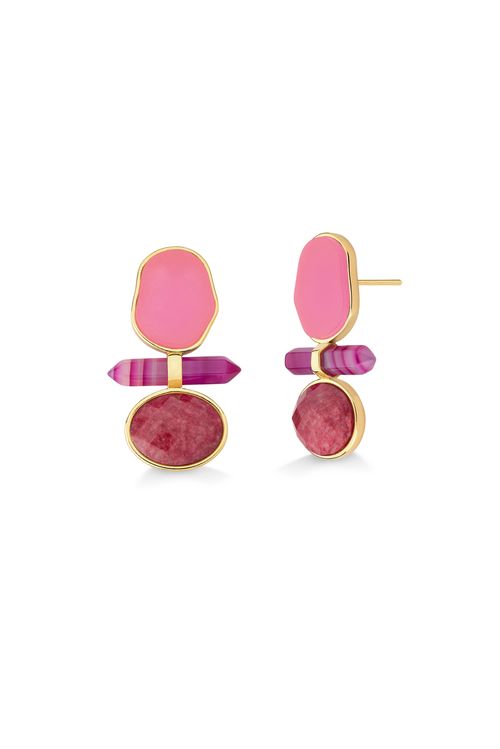 Brinco Petit Beauté - Ágata Pink, Feldspato Vermelho e Marsala Pink - Coleção Acquarella Banho: Folheado a Ouro