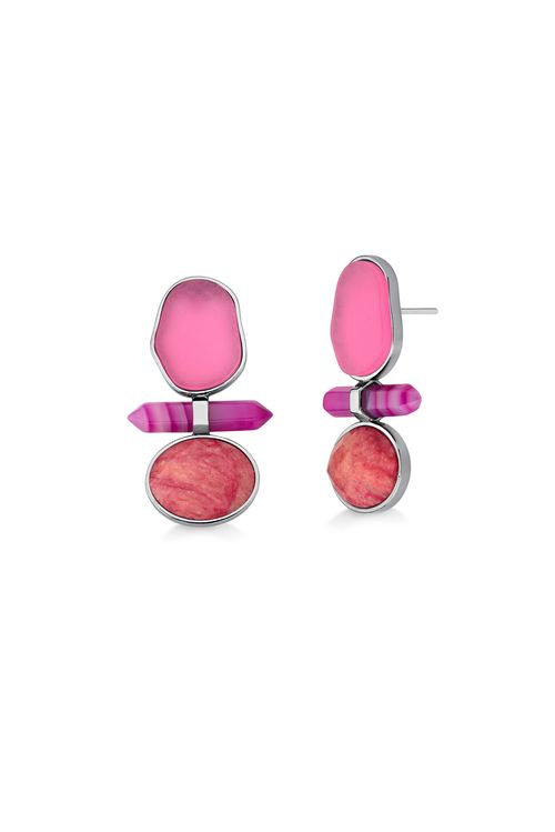 Brinco Petit Beauté - Ágata Pink, Feldspato Vermelho e Marsala Pink - Coleção Acquarella Banho: Ródio Negro