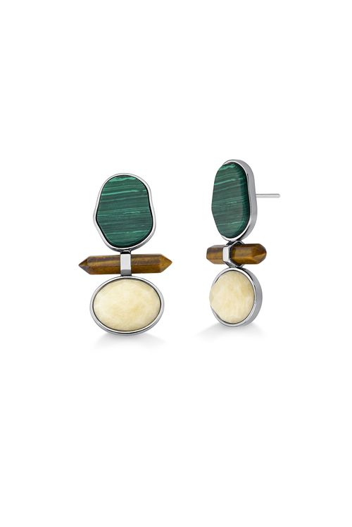Brinco Petit Beauté - Feldspato Bege, Malaquita e Olho de Tigre - Coleção Acquarella Banho: Ródio Negro
