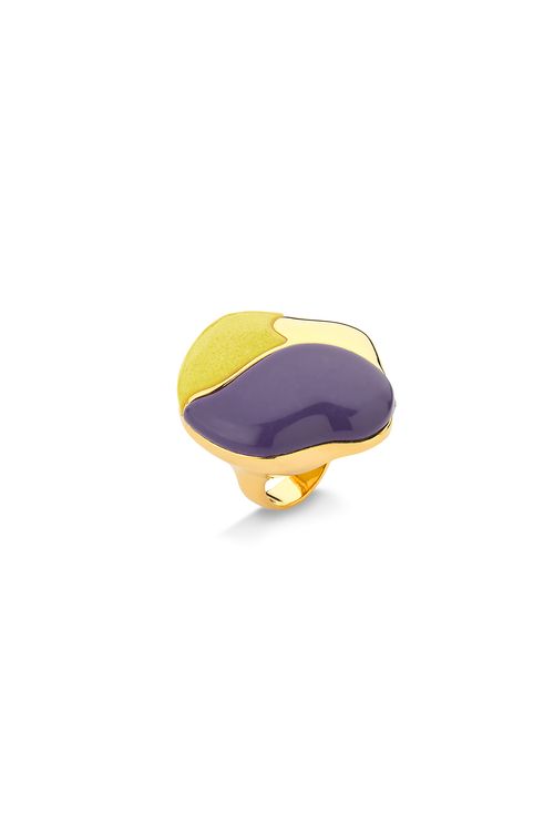 Anel Tarsila - Quartzo Amarelo e Resina Roxa - Coleção Galeria Banho: Folheado a Ouro