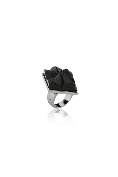 Anel Futuro Bold - Obsidiana Preta - Coleção Krypton Banho: Ródio Negro