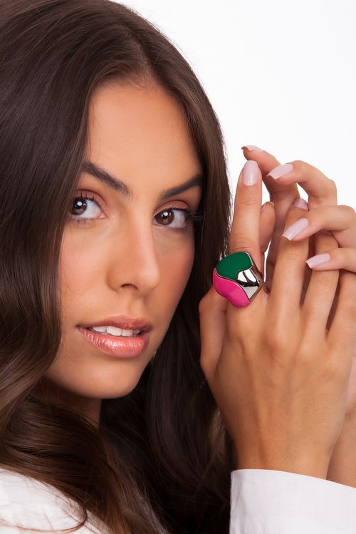 Anel Tarsila - Ágata Verde e Resina Pink - Coleção Galeria Banho: Ródio Negro