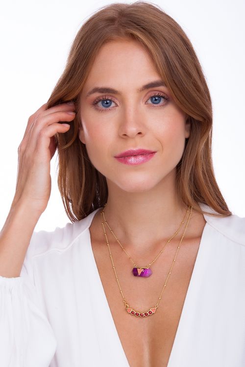 Colar Santa Clara - Ágata Pink Listrada, Feldspato Vermelho e Marsala - Coleção Califórnia Dreamin Banho: Folheado a Ouro