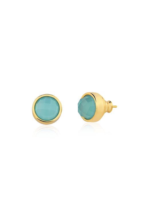 Brinco Bola Facetado - Ágata Azul - Coleção Daily Banho: Folheado a Ouro