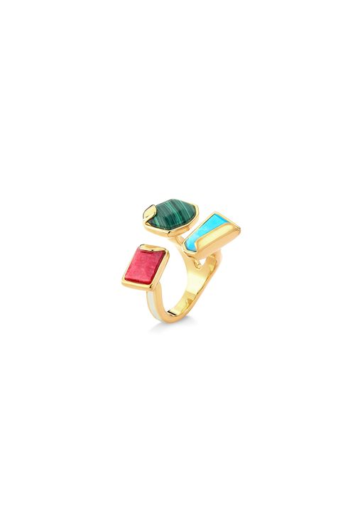 Anel Arcobaleno - Feldspato Vermelho, Haulita Turquesa, Malaquita e Cinza - Coleção Sublime Banho: Folheado a Ouro