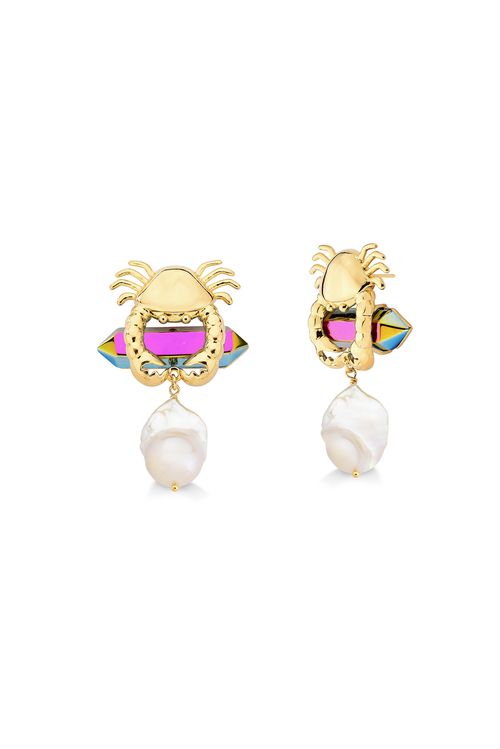 Brinco Crab - Ágata Multicolorida e Pérola - Coleção Mergulho Banho: Folheado a Ouro