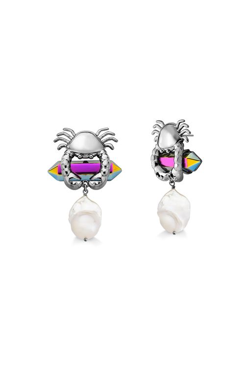 Brinco Crab - Ágata Multicolorida e Pérola - Coleção Mergulho Banho: Ródio Negro