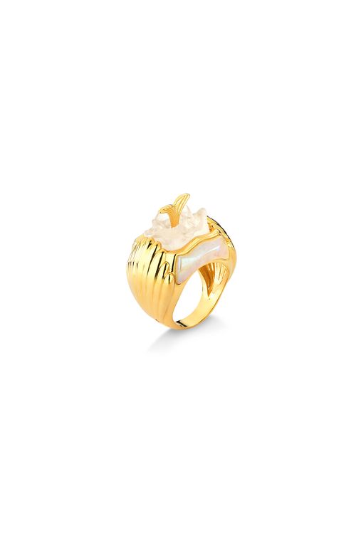 Anel Mergulho - Quartzo Branco Holográfico e Resina Trasnparente - Coleção Mergulho Banho: Folheado a Ouro