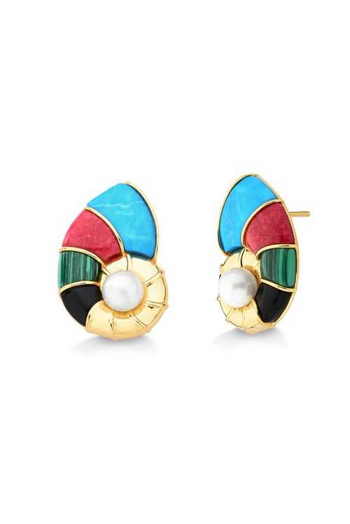 Brinco Nautilus - Feldspato Vermelho, Malaquita, Obsidiana Preta e Pérola - Coleção Mergulho Banho: Folheado a Ouro