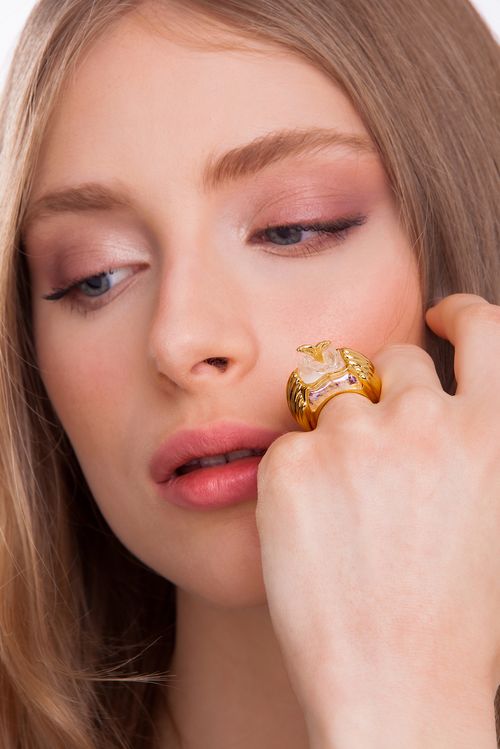 Anel Mergulho - Quartzo Branco Holográfico e Resina Trasnparente - Coleção Mergulho Banho: Folheado a Ouro