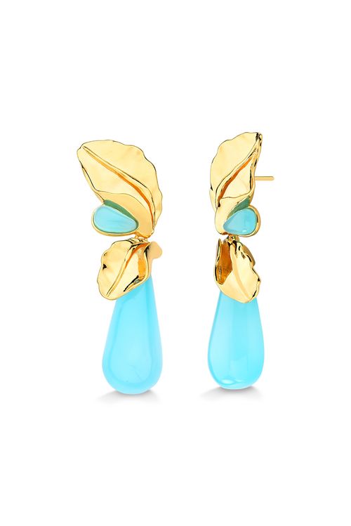 Brinco Bela Vista - Ágata Azul Céu - Coleção Oásis Dourado Banho: Folheado a Ouro