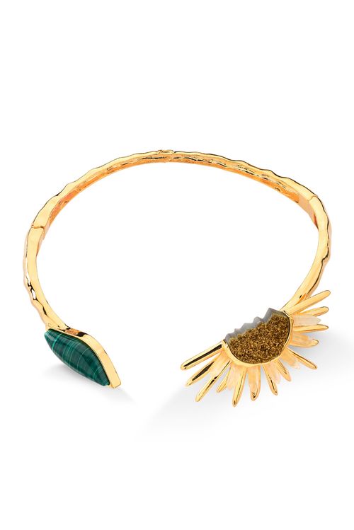 Colar Girassol - Cristal, Drusa Cobre e Malaquita - Coleção Ser Girassol Banho: Folheado a Ouro