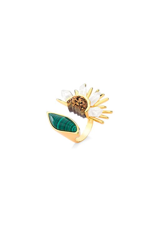 Anel Girassol - Cristal, Drusa Cobre e Malaquita - Coleção Ser Girassol Banho: Folheado a Ouro