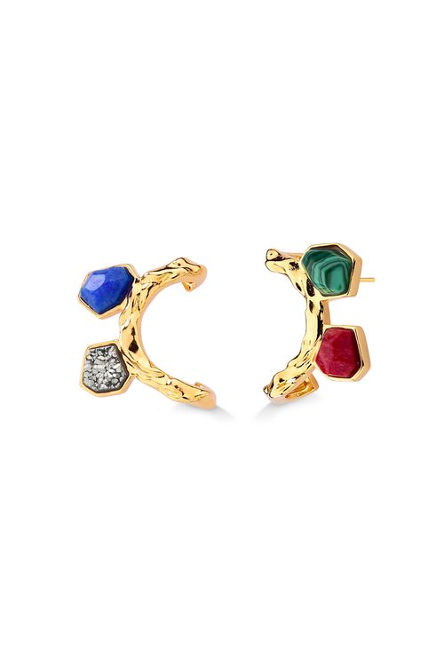 Brinco Clítia - Drusa Metalizada, Feldspato Vermelho, Malaquita e Quartzo Azul Anil - Coleção Ser Girassol Banho: Folheado a Ouro