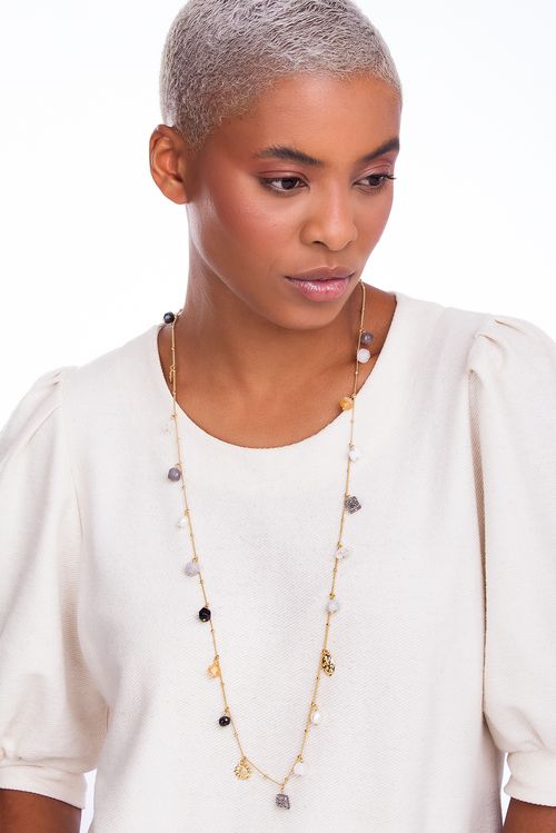 Colar Clície - Ag. Cz, Cat Eye, Cristal, Citrino, Qtz Branco, Haulita, Drusa, Pérola, Lab. e Obsidiana - Coleção Ser Girassol Banho: Folheado a Ouro