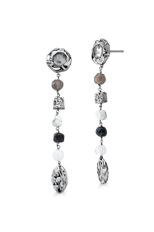 Brinco Buquê - Ágata Cinza, Cristal, Drusa Metalizada, Haulita, Labradorita e Quartzo Branco - Coleção Ser Girassol Banho: Ródio Negro
