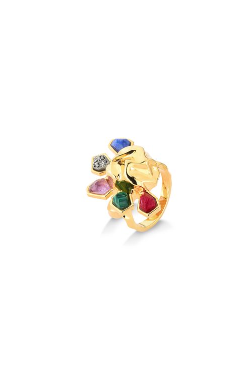 Anel Helios - Ametista, Drusa Metalizada, Feldspato Vermelho, Malaquita e Quartzo Azul Anil - Coleção Ser Girassol Banho: Folheado a Ouro