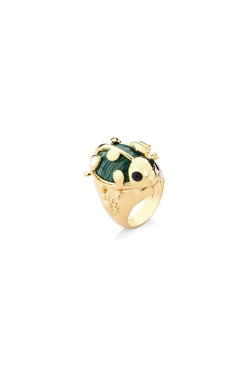 Anel Joana - Ágata Branca, Feldspato Vermelho, Obsidiana Preta, Malaquita, Quartzo Azul Anil  - Coleção Ser Girassol Banho: Folheado a Ouro