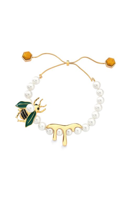 Pulseira Mel - Feldspato Amarelo, Pérola e Esmalte Preto e Verde - Coleção Ser Girassol Banho: Folheado a Ouro