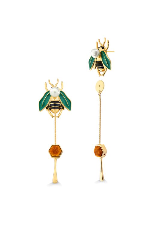 Brinco Mel - Feldspato Amarelo, Pérola e Esmalte Preto e Verde - Coleção Ser Girassol Banho: Folheado a Ouro