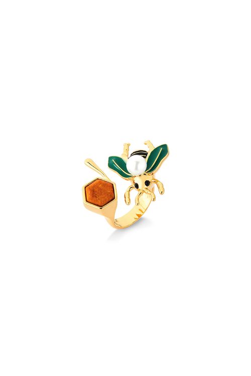 Anel Mel - Feldspato Amarelo, Pérola e Esmalte Preto e Verde - Coleção Ser Girassol Banho: Folheado a Ouro