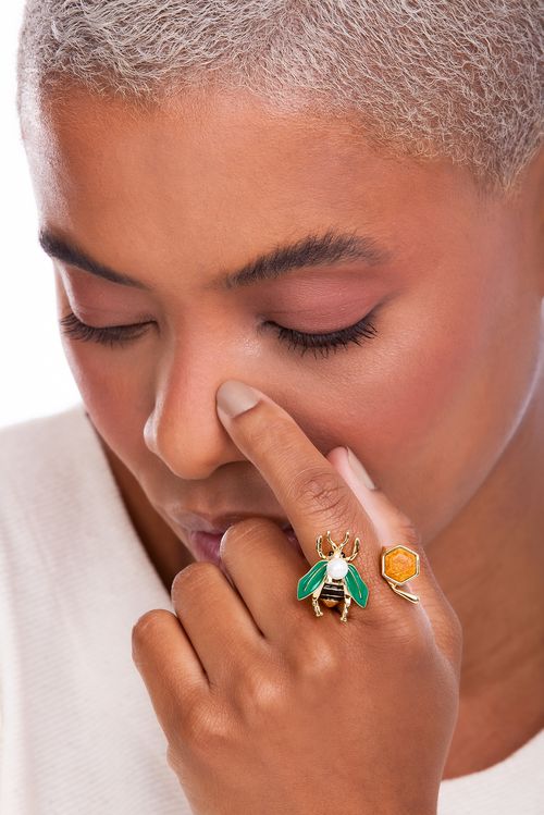 Anel Mel - Feldspato Amarelo, Pérola e Esmalte Preto e Verde - Coleção Ser Girassol Banho: Folheado a Ouro