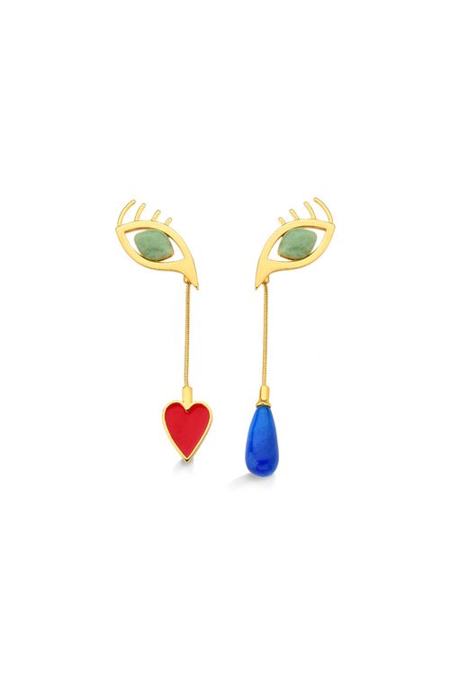 Brinco Olhos Sonhadores - Esmalte Vermelho, Quartzo Azul Anil e Verde - Coleção Tá Na Cara Que Esse Amor É Surreal Banho: Folheado a Ouro