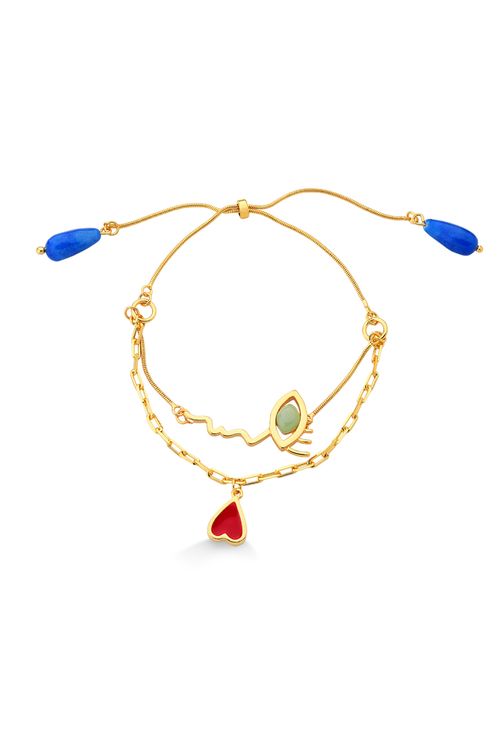 Pulseira Amor Lúdico - Esmalte Vermelho, Quartzo Azul Anil e Verde - Coleção Tá Na Cara Que Esse Amor É Surreal Banho: Folheado a Ouro