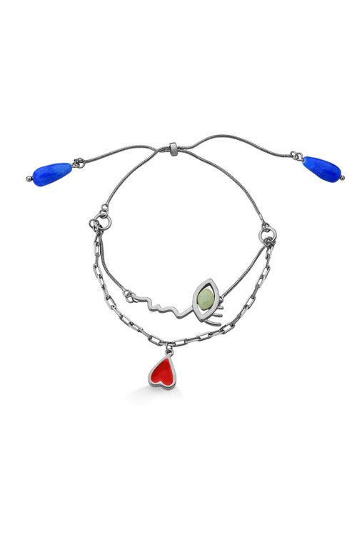 Pulseira Amor Lúdico - Esmalte Vermelho, Quartzo Azul Anil e Verde - Coleção Tá Na Cara Que Esse Amor É Surreal Banho: Ródio Negro