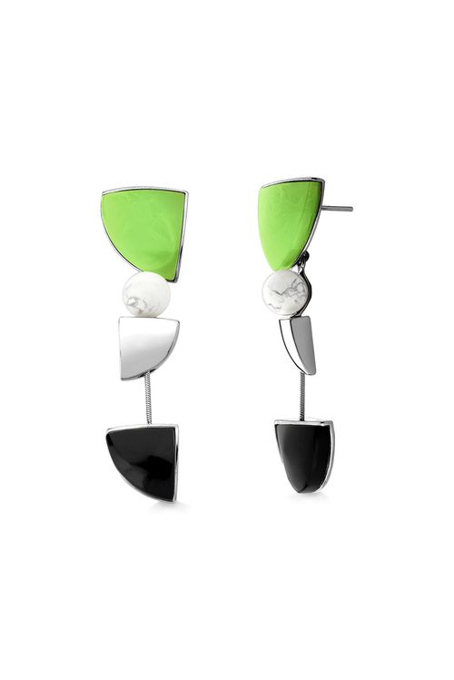Brinco Corpo Longo - Haulita, Obsidiana Preta e Resina Verde - Coleção Equilíbrio Banho: Ródio Negro