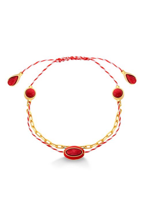 Pulseira Candy - Feldspato Vermelho, Cordão e Esmalte Vermelho - Coleção Piquenique Banho: Folheado a Ouro