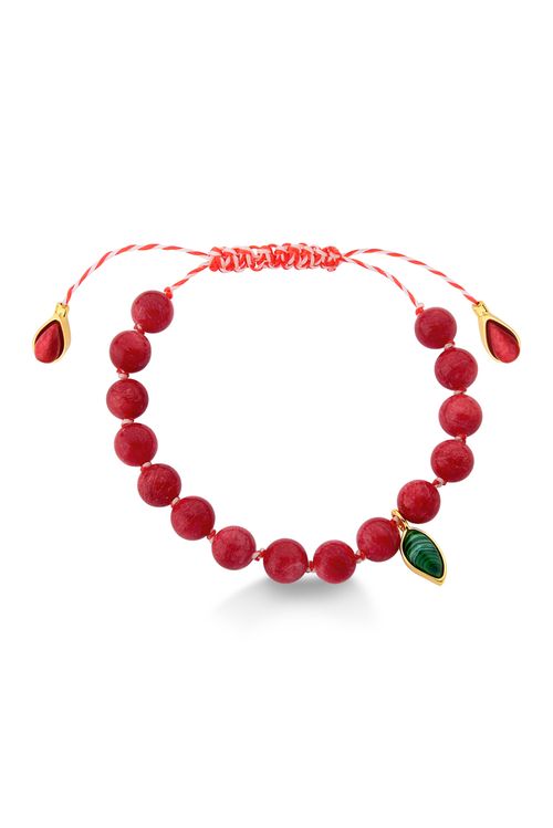 Pulseira Gummy - Feldspato Vermelho, Malaquita e Cordão Vermelho - Coleção Piquenique Banho: Folheado a Ouro