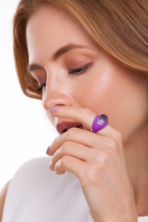 Anel Candy - Ametista e Esmalte Lilás - Coleção Piquenique Banho: Ródio Negro