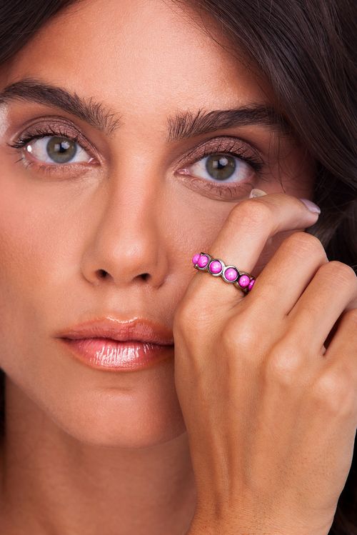 Anel Aliancinha - Haulita Pink - Coleção Daily Banho: Ródio Negro