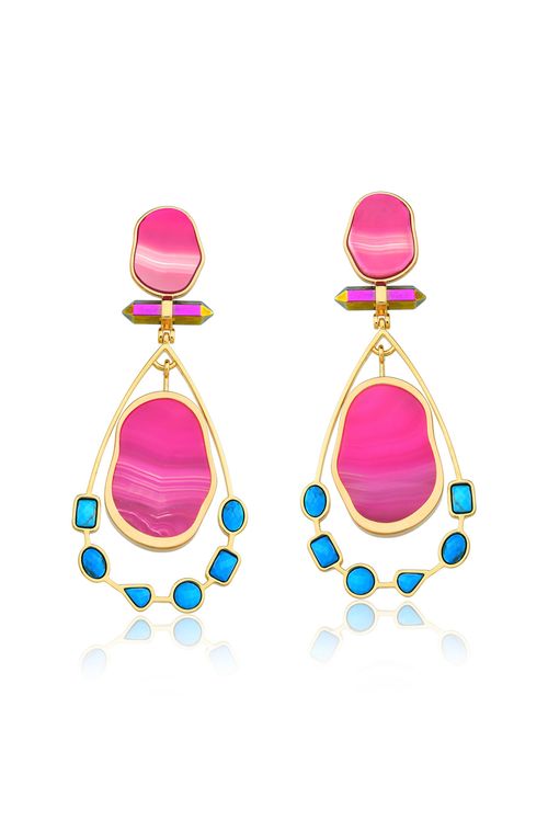 Brinco Beauté - Ágata Pink, Turquesa e Cristal - Coleção Acquarella Banho: Folheado a Ouro