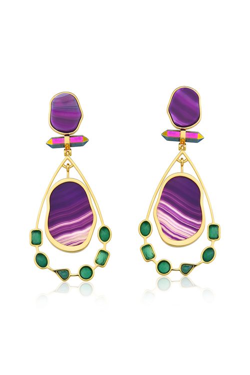 Brinco Beauté - Ágata Verde, Ágata Roxa e Cristal Multicolorido - Coleção Acquarella Banho: Folheado a Ouro