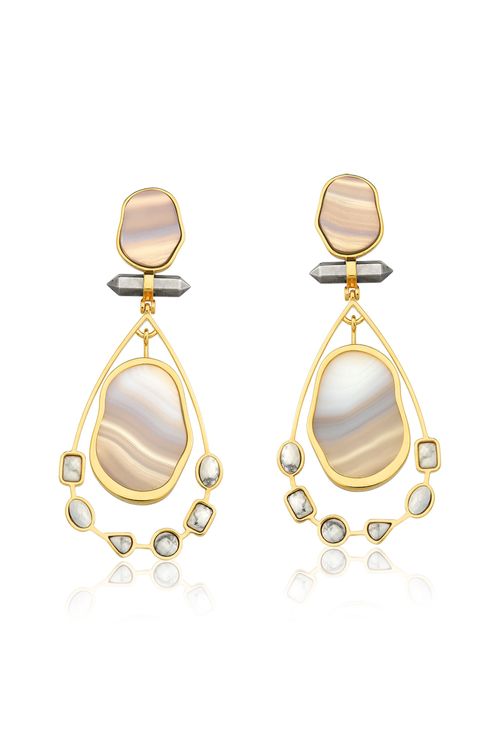 Brinco Beauté - Ágata Cinza, Cristal Metalizado e Haulita - Coleção Acquarella Banho: Folheado a Ouro