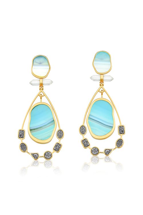 Brinco Beauté - Ágata Azul, Cristal e Drusa Metalizada - Coleção Acquarella Banho: Folheado a Ouro