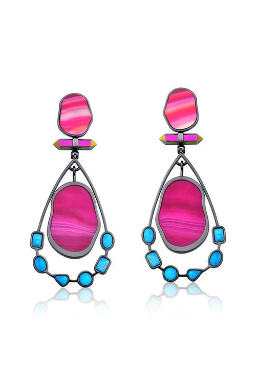 Brinco Beauté - Ágata Pink, Turquesa e Cristal - Coleção Acquarella Banho: Ródio Negro