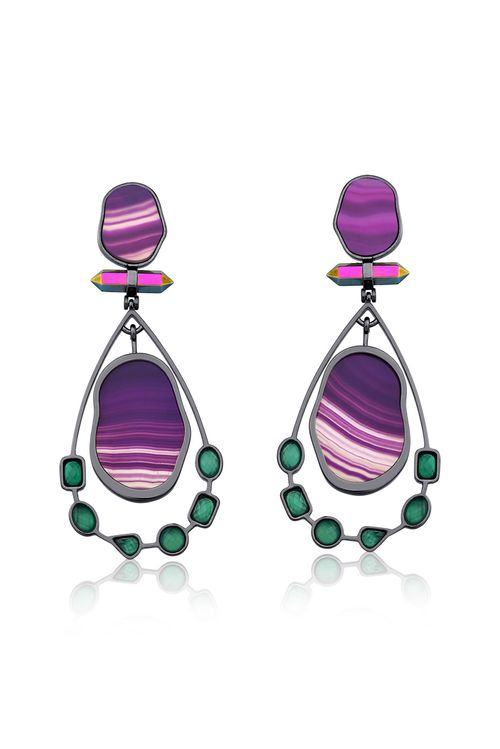 Brinco Beauté - Ágata Verde, Ágata Roxa e Cristal Multicolorido - Coleção Acquarella Banho: Ródio Negro