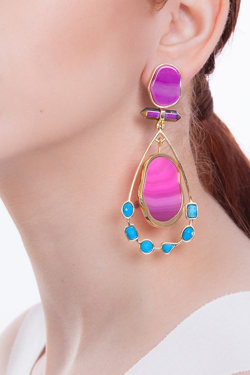 Brinco Beauté - Ágata Pink, Turquesa e Cristal - Coleção Acquarella Banho: Folheado a Ouro