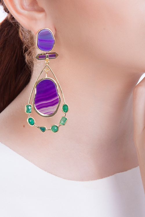 Brinco Beauté - Ágata Verde, Ágata Roxa e Cristal Multicolorido - Coleção Acquarella Banho: Folheado a Ouro