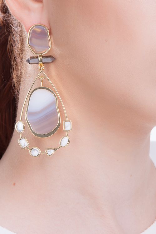 Brinco Beauté - Ágata Cinza, Cristal Metalizado e Haulita - Coleção Acquarella Banho: Folheado a Ouro