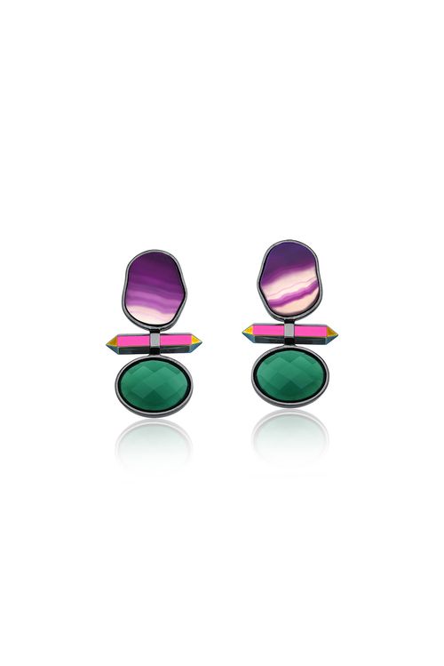 Brinco Petit Beauté - Cristal Multicolorido, Ágata Roxa e Verde - Coleção Acquarella Banho: Ródio Negro