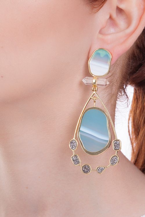 Brinco Beauté - Ágata Azul, Cristal e Drusa Metalizada - Coleção Acquarella Banho: Folheado a Ouro