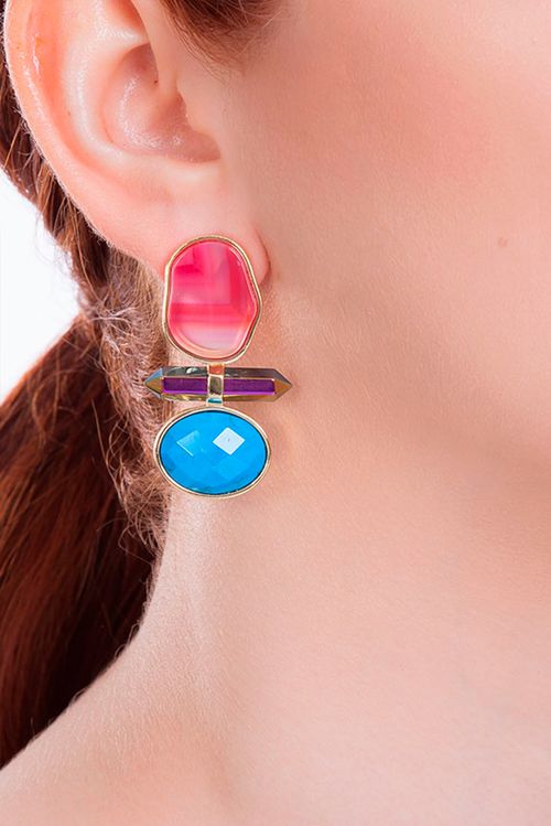 Brinco Petit Beauté - Cristal Multicolorido, Ágata Pink e Turquesa - Coleção Acquarella Banho: Folheado a Ouro