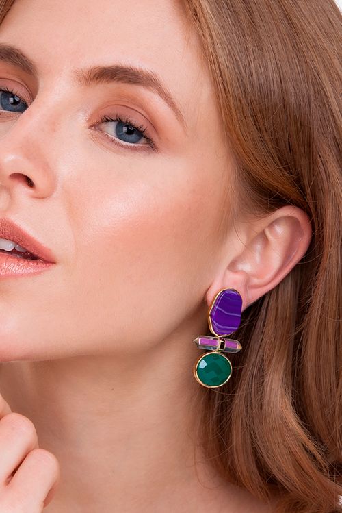 Brinco Petit Beauté - Cristal Multicolorido, Ágata Roxa e Verde - Coleção Acquarella Banho: Folheado a Ouro