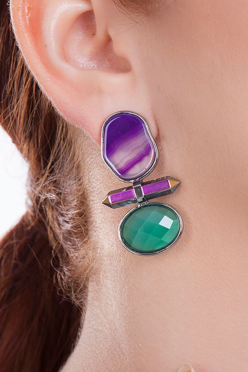 Brinco Petit Beauté - Cristal Multicolorido, Ágata Roxa e Verde - Coleção Acquarella Banho: Ródio Negro