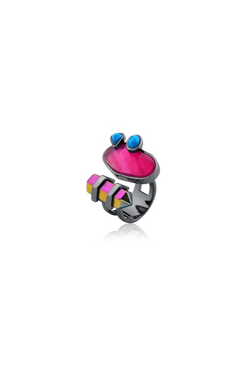 Anel Nature - Ágata Pink, Cristal Multicolorido e Turquesa - Coleção Acquarella Banho: Ródio Negro